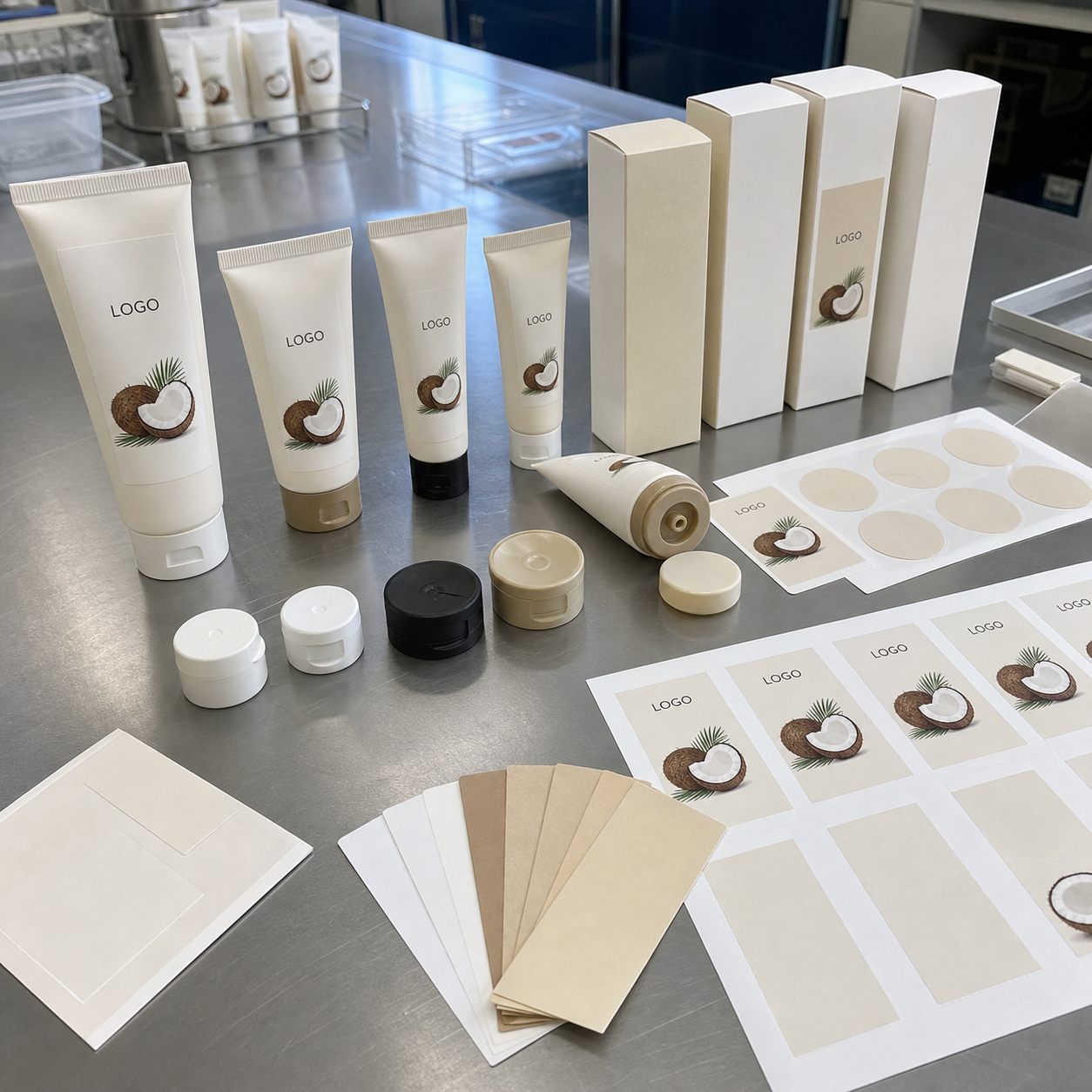 Tube sizes cartons cap options label proofs and coconut color swatches for custom logo coconut hand cream