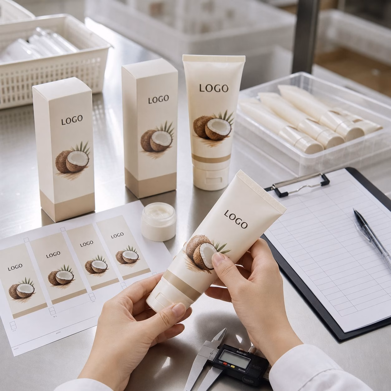 Factory QC label check for coconut hand cream tube and carton samples before private label production