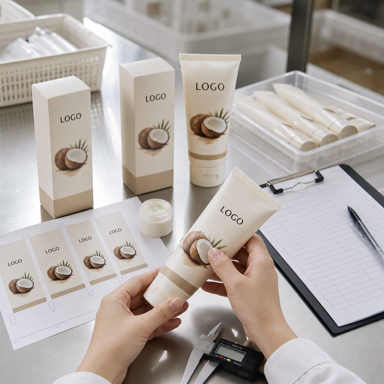 Factory QC label check for coconut hand cream tube and carton samples before private label production