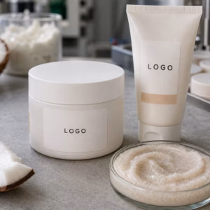 Private label coconut cream body polish scrub sample jar tube and texture dish on a factory sample table