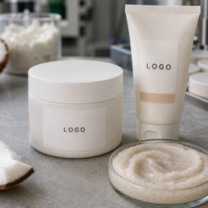 Private label coconut cream body polish scrub sample jar tube and texture dish on a factory sample table