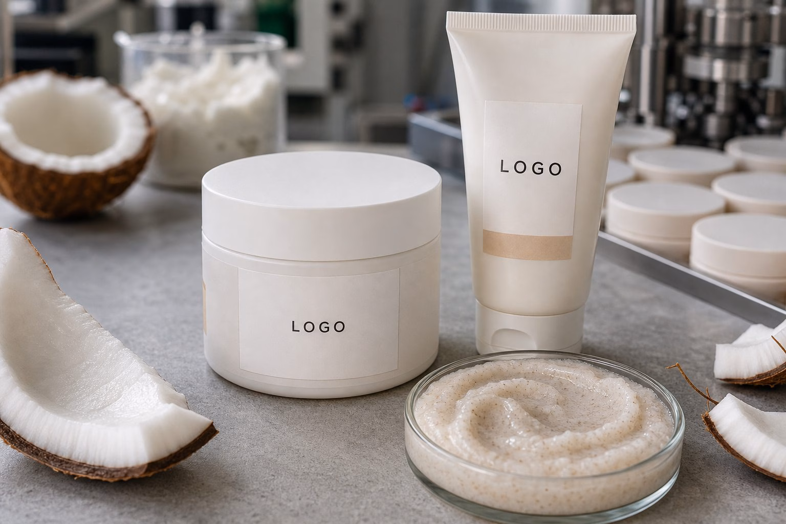 Private label coconut cream body polish scrub sample jar tube and texture dish on a factory sample table