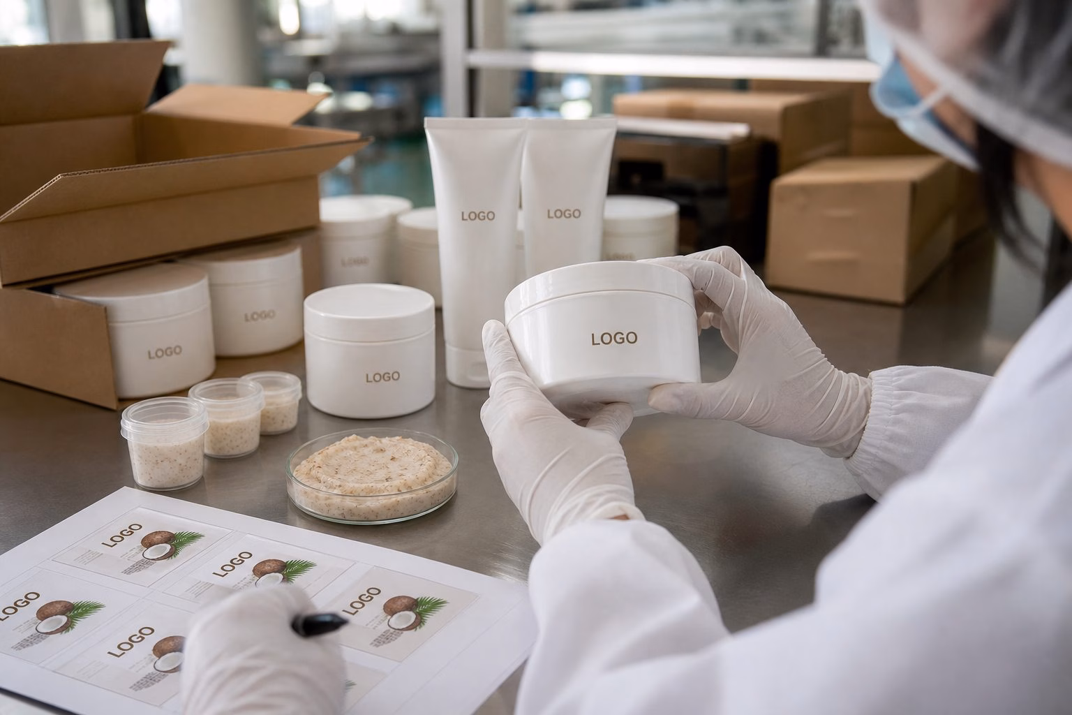Factory QC label review for private label coconut cream body polish scrub jars and tubes before packing