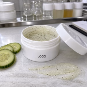 Private label cucumber body polish scrub sample jar on a factory sample table for custom logo label review