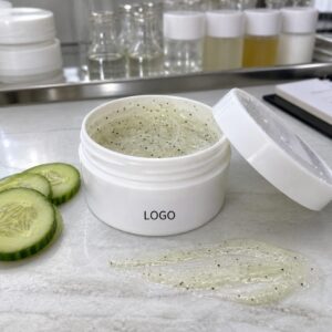 Private label cucumber body polish scrub sample jar on a factory sample table for custom logo label review