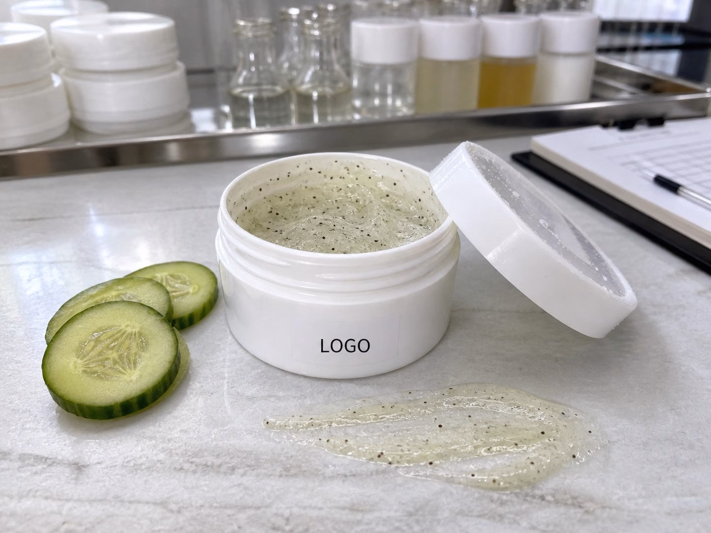 Private label cucumber body polish scrub sample jar on a factory sample table for custom logo label review