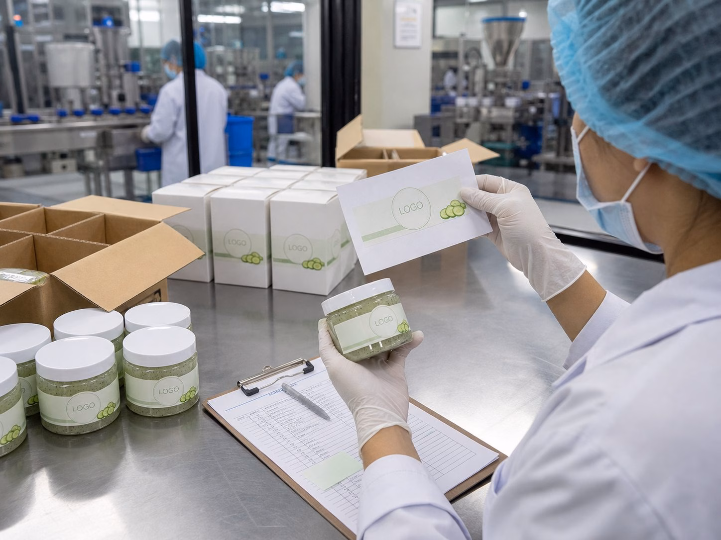 Factory QC label review for private label cucumber body polish scrub jars before packing