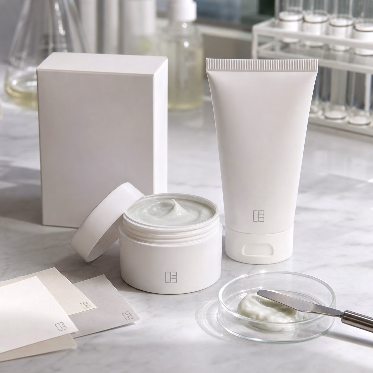 Private label dewy lotion facial mask sample with blank jar tube carton creamy texture and lab sample table