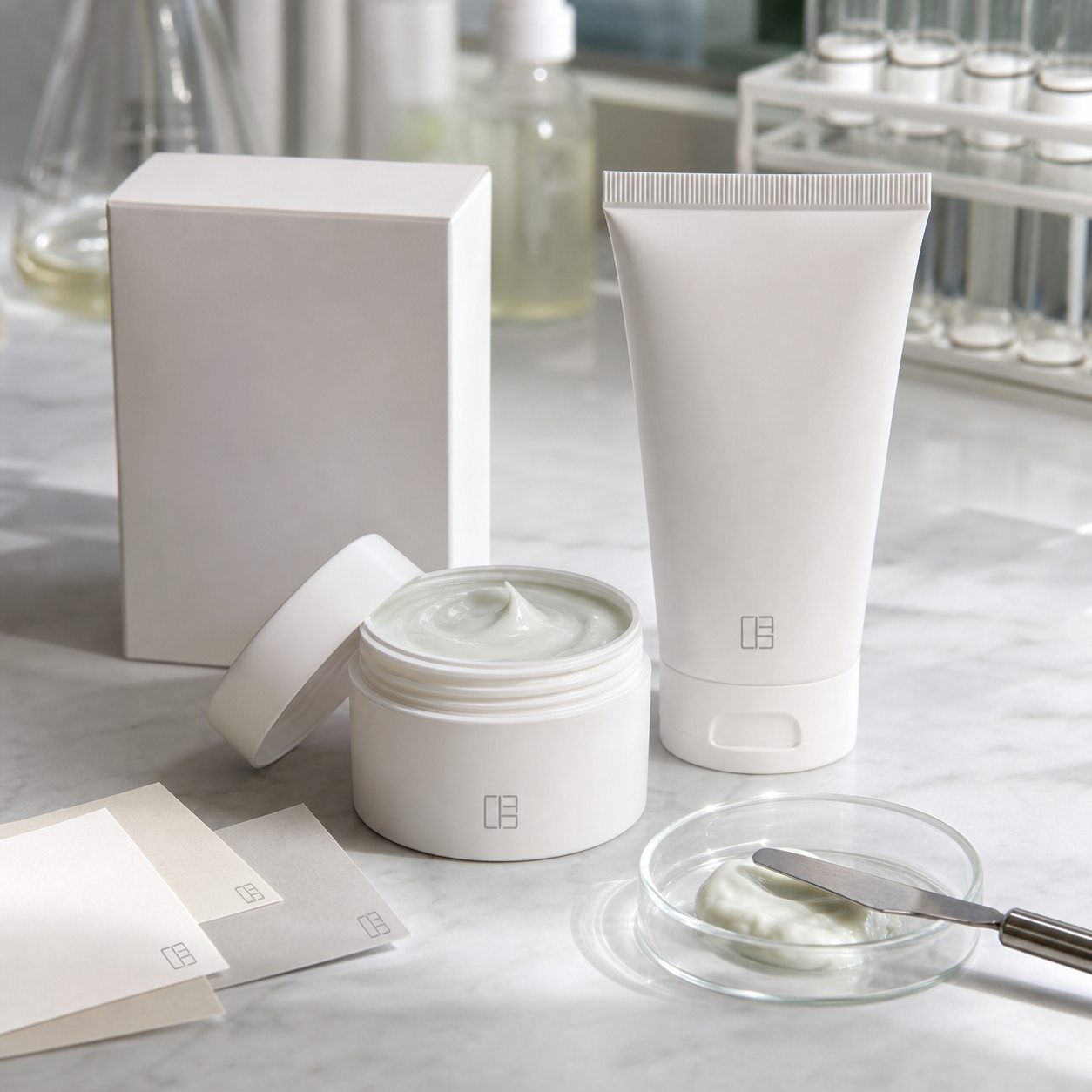 Private label dewy lotion facial mask sample with blank jar tube carton creamy texture and lab sample table