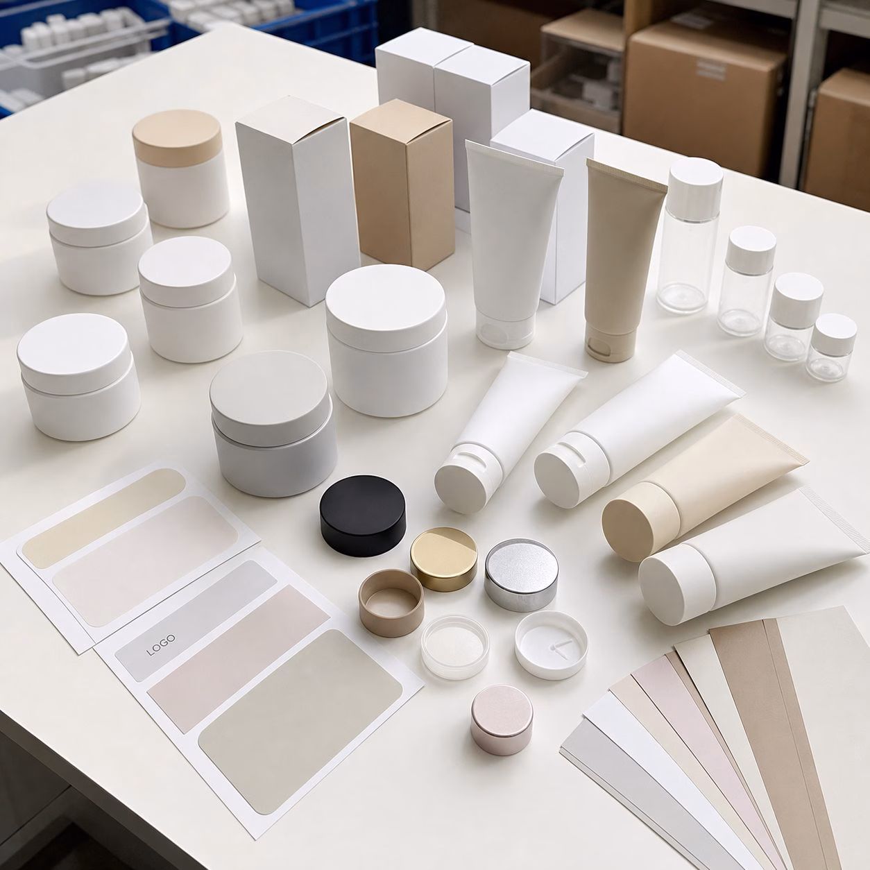 Blank jars tubes cartons cap samples and label swatches for custom logo dewy lotion facial mask packaging