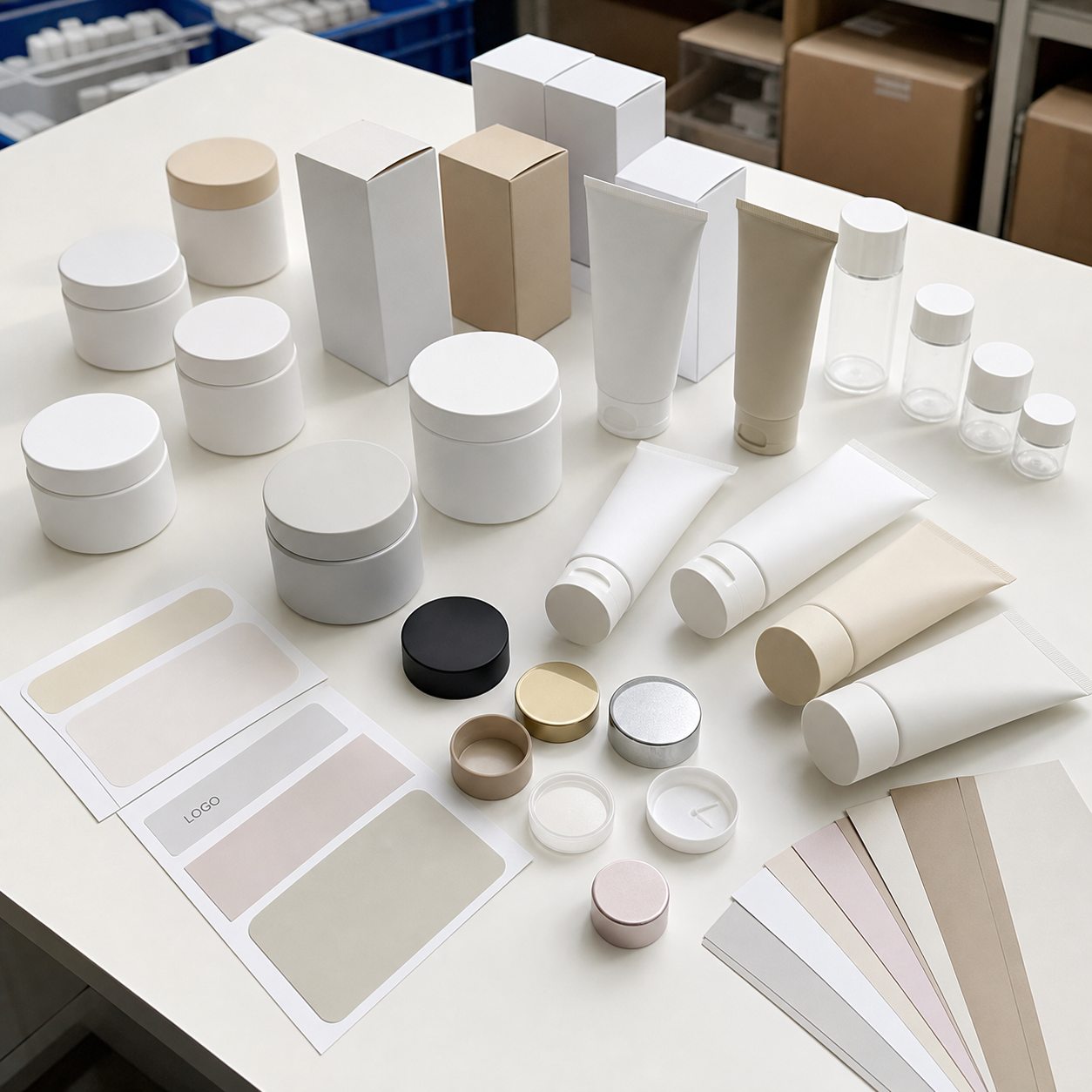 Blank jars tubes cartons cap samples and label swatches for custom logo dewy lotion facial mask packaging