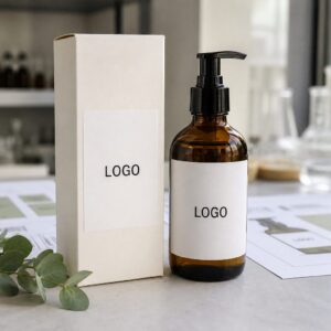 Private label eucalyptus comfort massage oil bottle and carton sample on a GUOCUI factory sample table