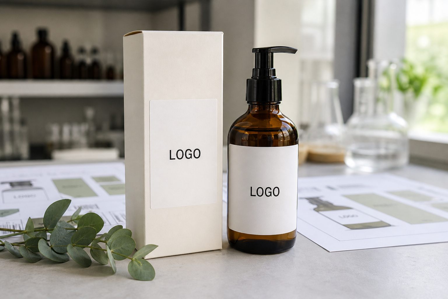 Private label eucalyptus comfort massage oil bottle and carton sample on a GUOCUI factory sample table
