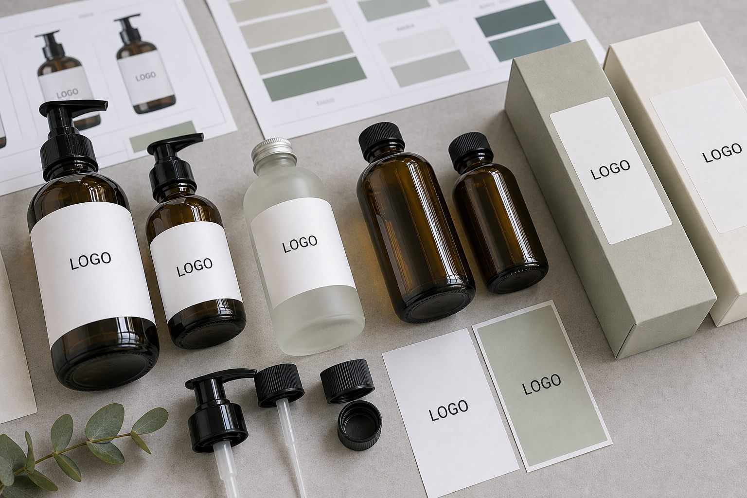 Bottle sizes pump caps cartons and label proofs for custom logo eucalyptus massage oil