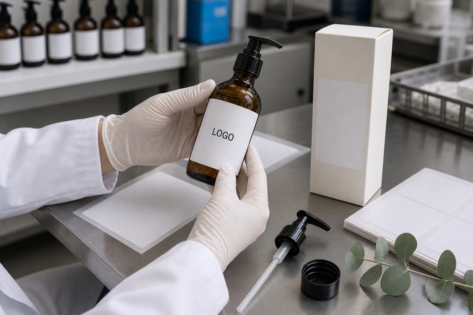 Factory QC label check for eucalyptus massage oil bottle and carton samples before private label production