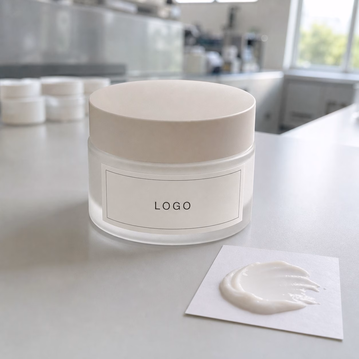 Private label firming look face cream sample jar with custom label area and cream texture on a GUOCUI factory sample table