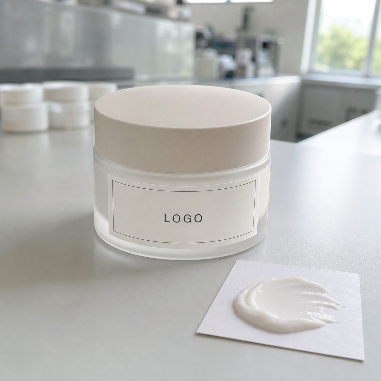 Private label firming look face cream sample jar with custom label area and cream texture on a GUOCUI factory sample table