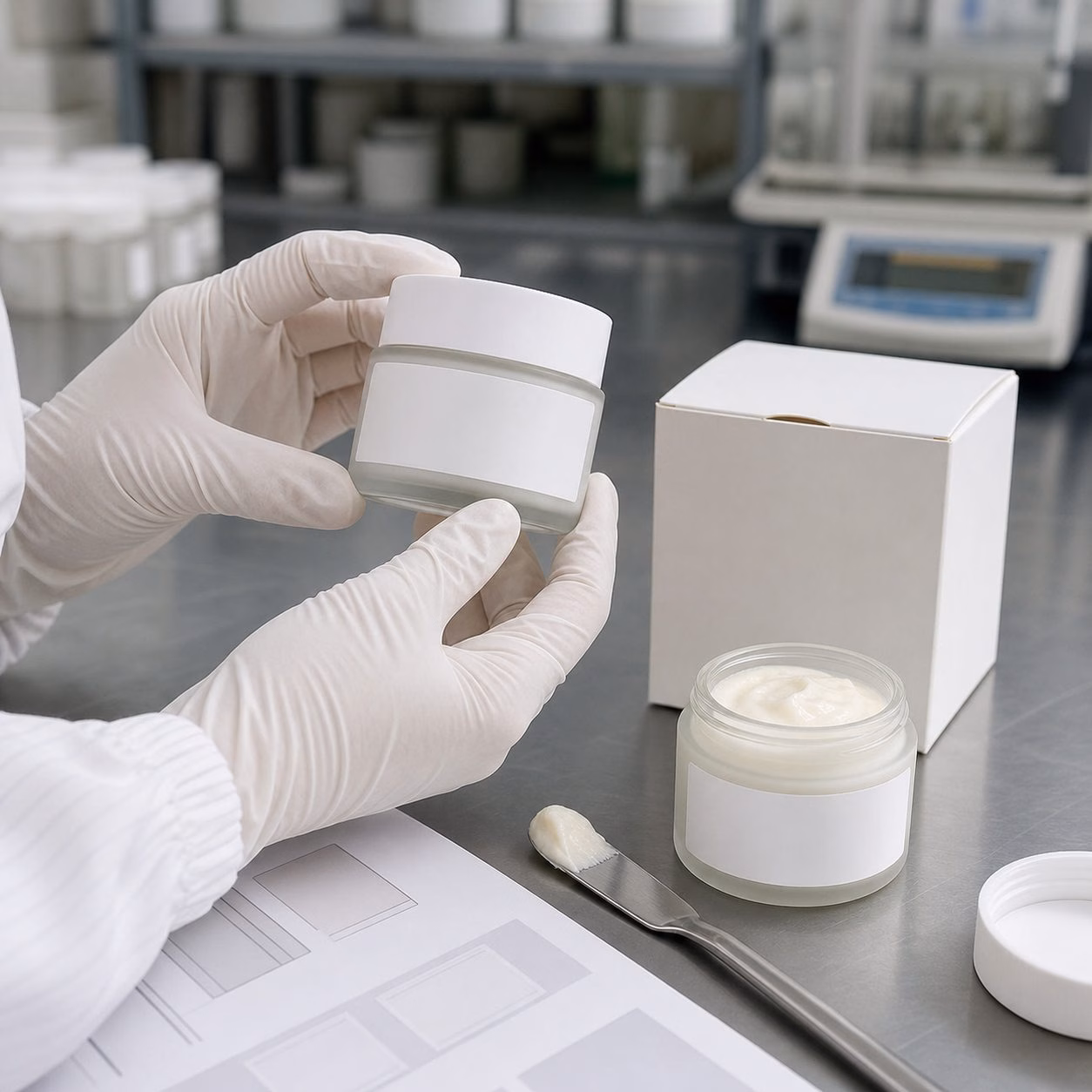 Factory QC sample review for private label firming look face cream jar label carton and cream texture before production