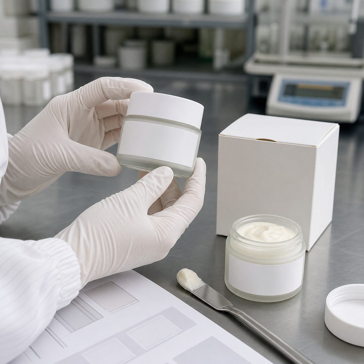 Factory QC sample review for private label firming look face cream jar label carton and cream texture before production