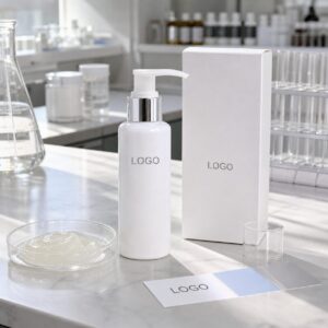 Private label glow-look body serum lotion pump bottle blank carton and lotion texture on skincare lab table