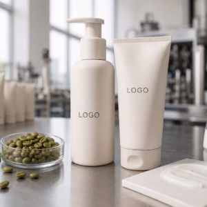 Private label green coffee silky body lotion pump bottle tube and texture sample on a factory sample table