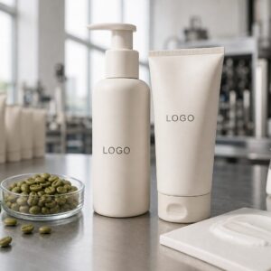 Private label green coffee silky body lotion pump bottle tube and texture sample on a factory sample table