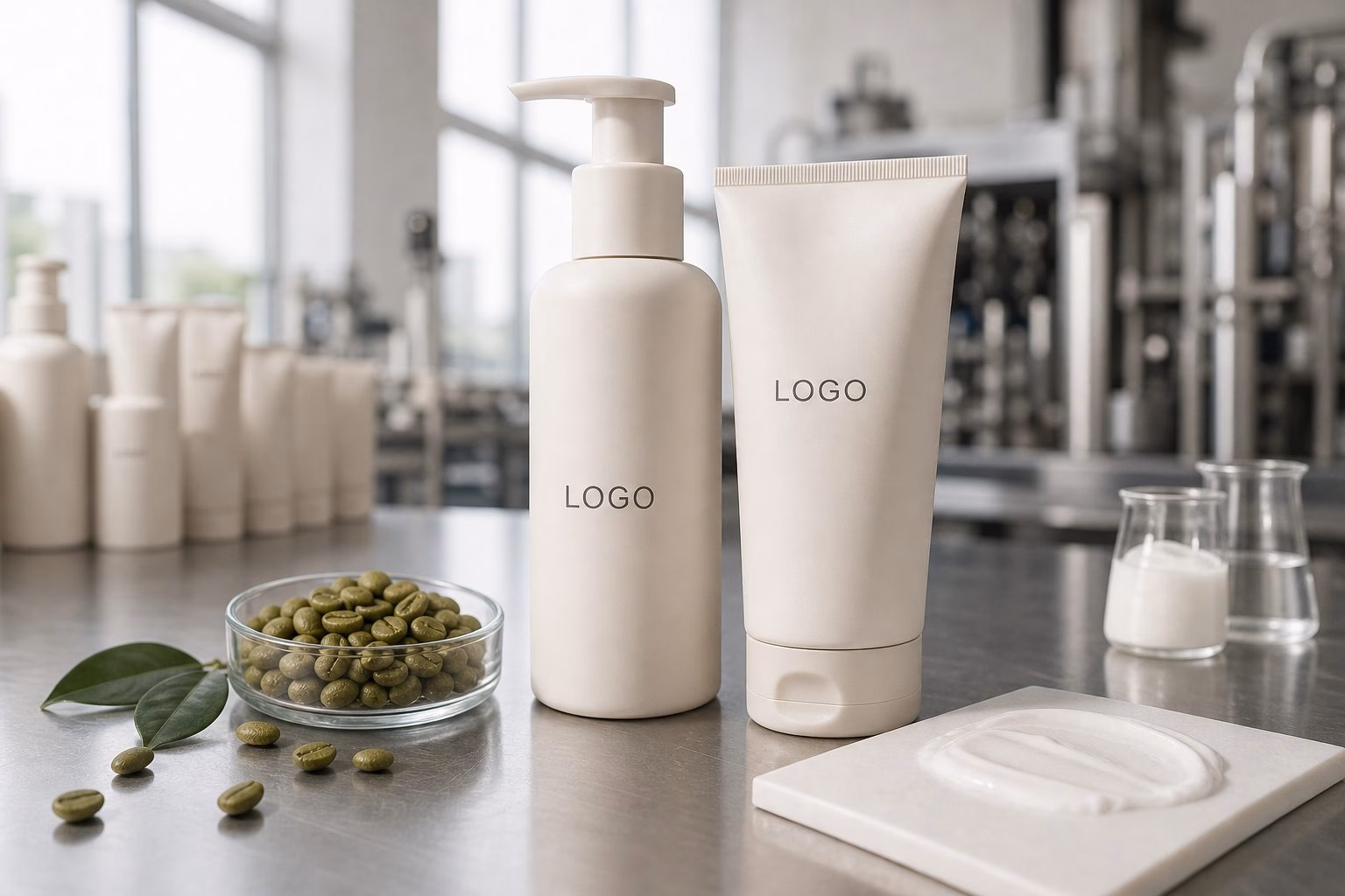Private label green coffee silky body lotion pump bottle tube and texture sample on a factory sample table