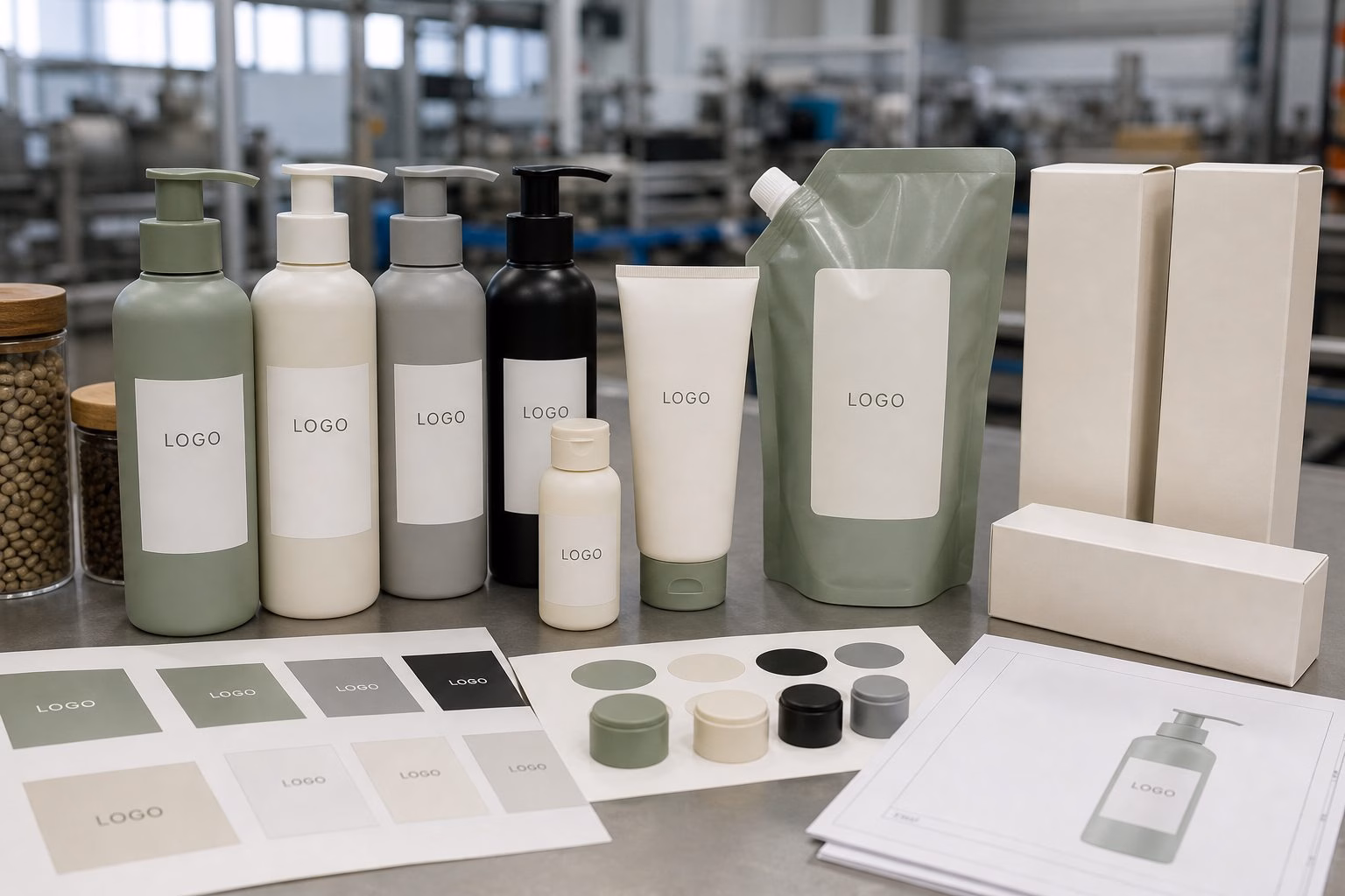 Custom logo body lotion packaging options with pump bottle tube refill pouch cartons labels and cap swatches for OEM buyers