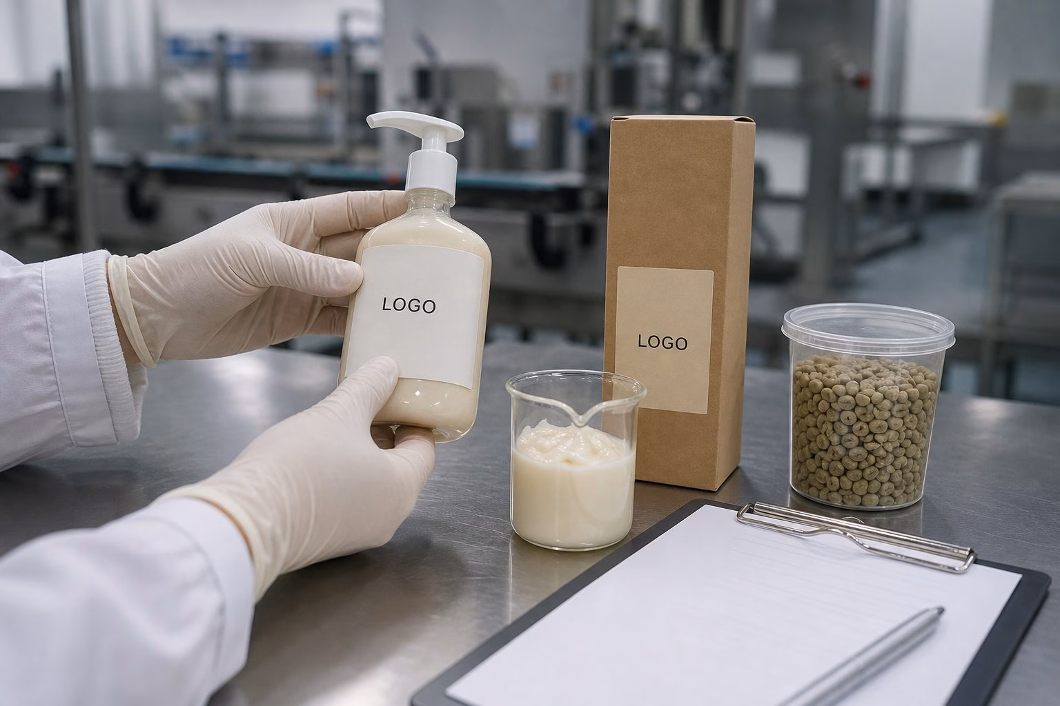 Factory QC label and pump review for private label green coffee body lotion before packing
