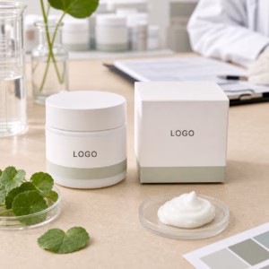 Private label comfort hand cream jar and box sample with custom logo packaging area on a GUOCUI formula review table