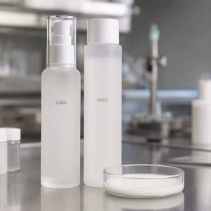 Private label hydrating emulsion toner sample with custom logo bottles and milky toner texture on a factory sample table