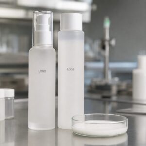 Private label hydrating emulsion toner sample with custom logo bottles and milky toner texture on a factory sample table