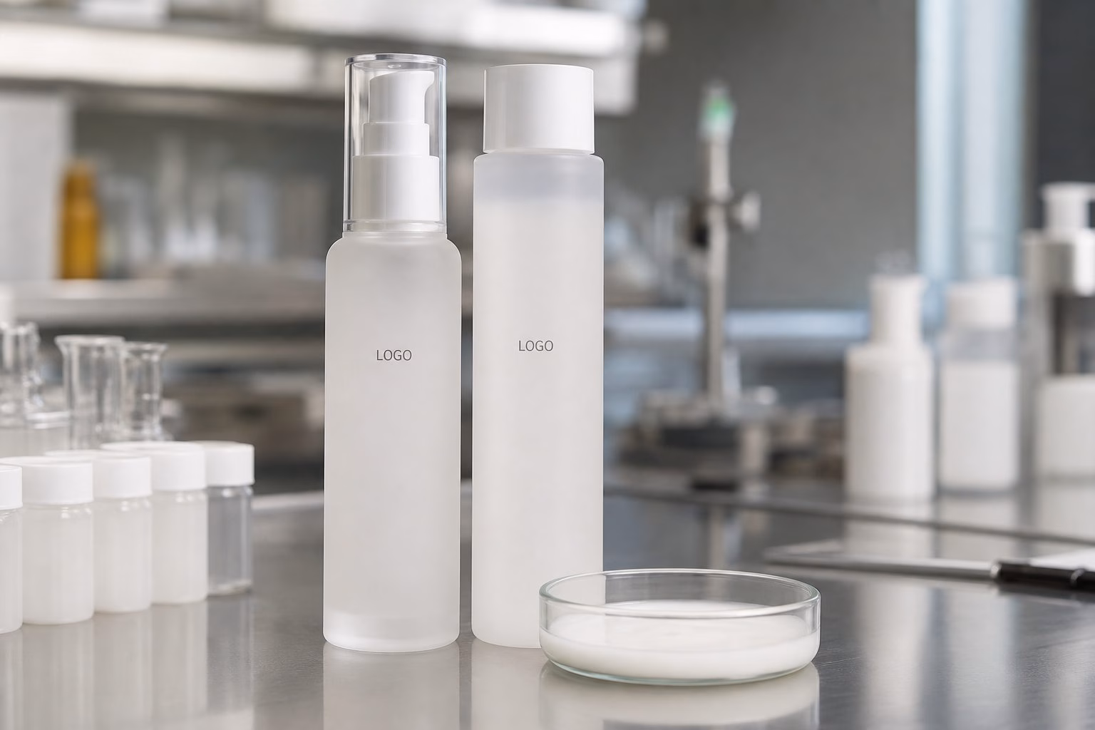 Private label hydrating emulsion toner sample with custom logo bottles and milky toner texture on a factory sample table