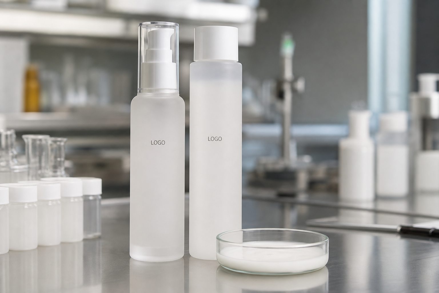 Private label hydrating emulsion toner sample with custom logo bottles and milky toner texture on a factory sample table