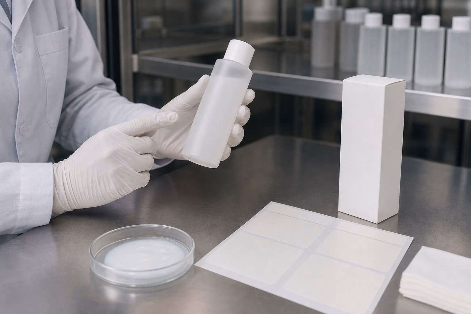 Factory QC sample review for private label hydrating emulsion toner bottle label and texture before production