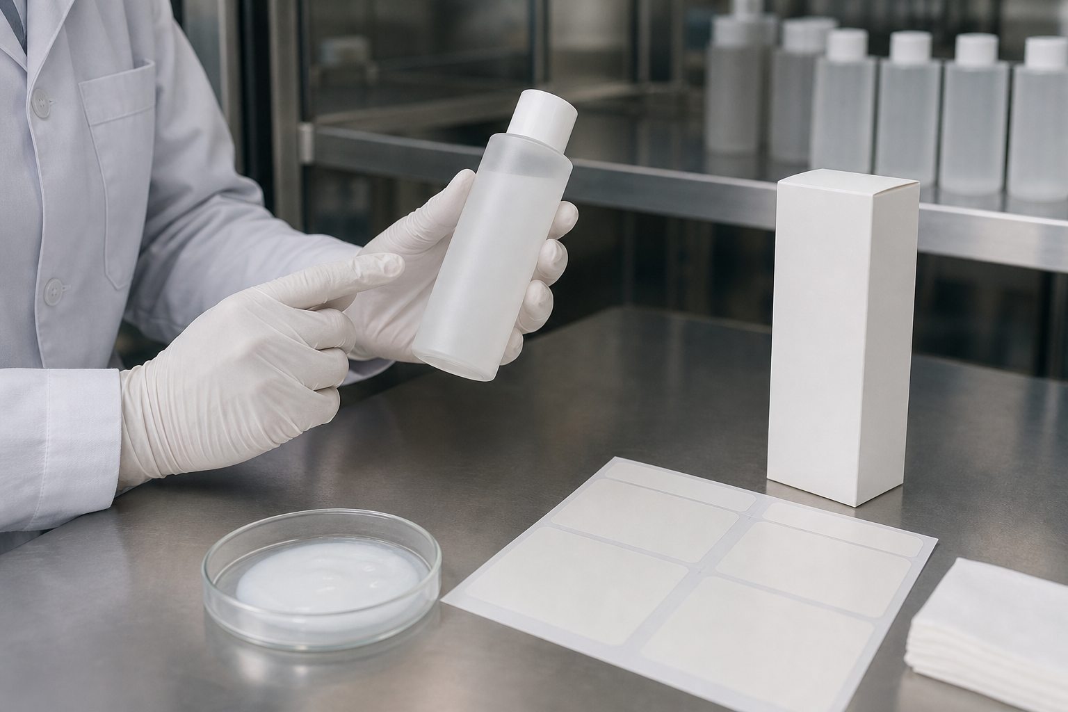Factory QC sample review for private label hydrating emulsion toner bottle label and texture before production