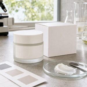 Private label hydrating peptide face cream sample with blank jar carton cream texture dish and lab sample swatches