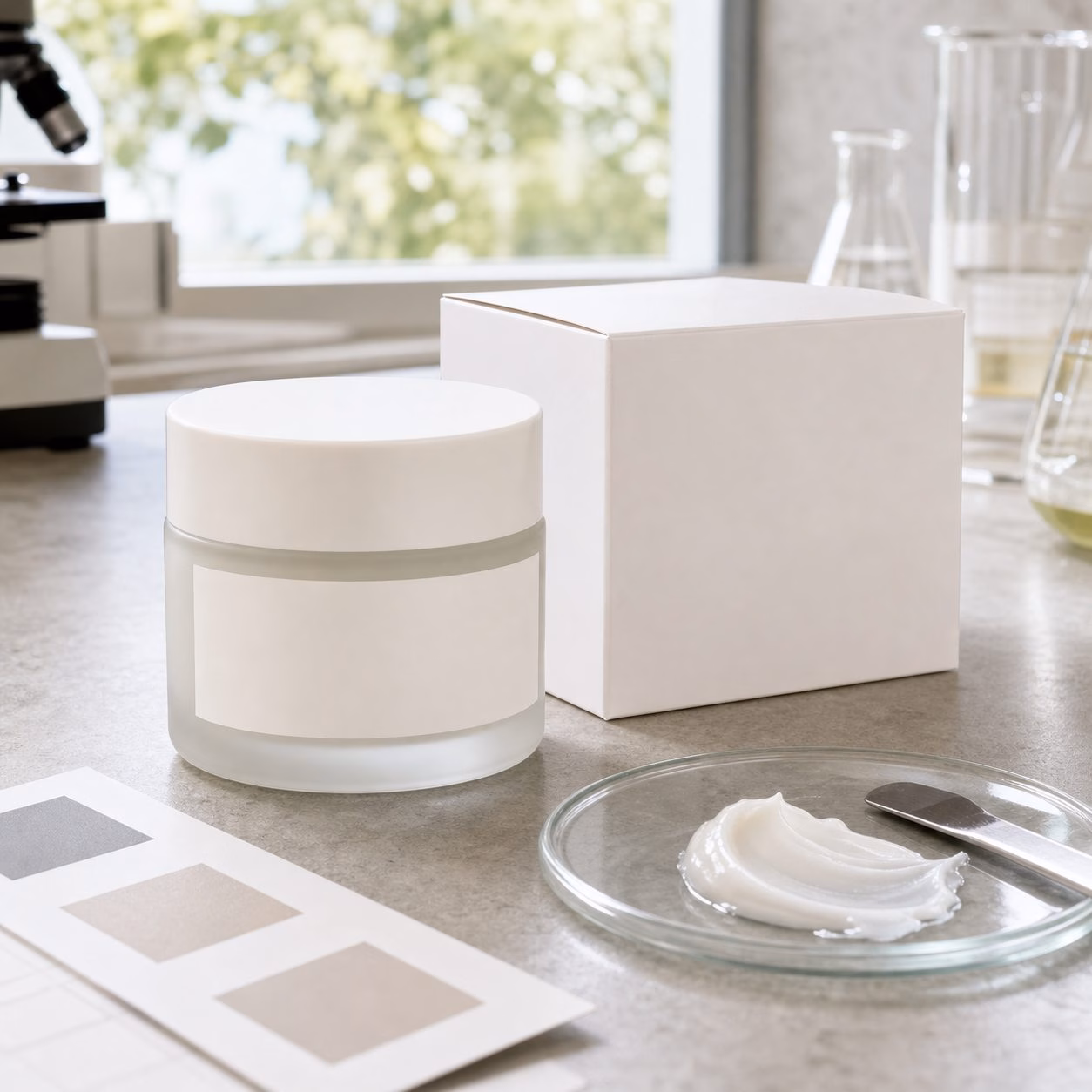Private label hydrating peptide face cream sample with blank jar carton cream texture dish and lab sample swatches