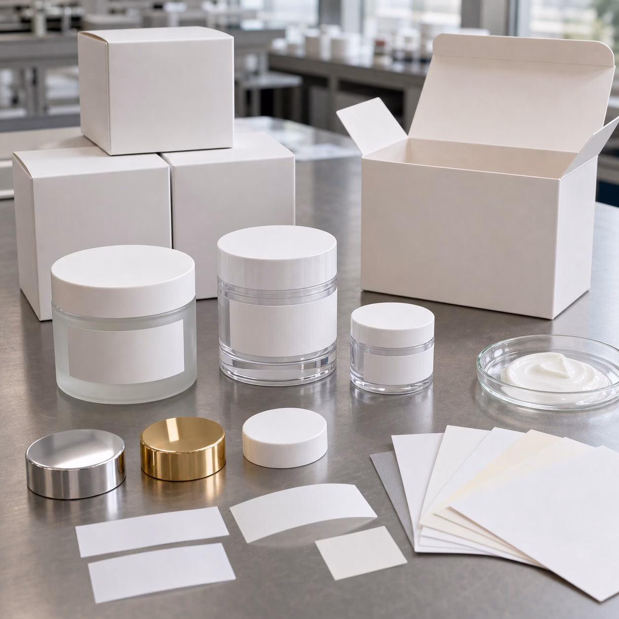 Blank jars cartons caps label swatches and texture dish for custom logo hydrating peptide face cream packaging