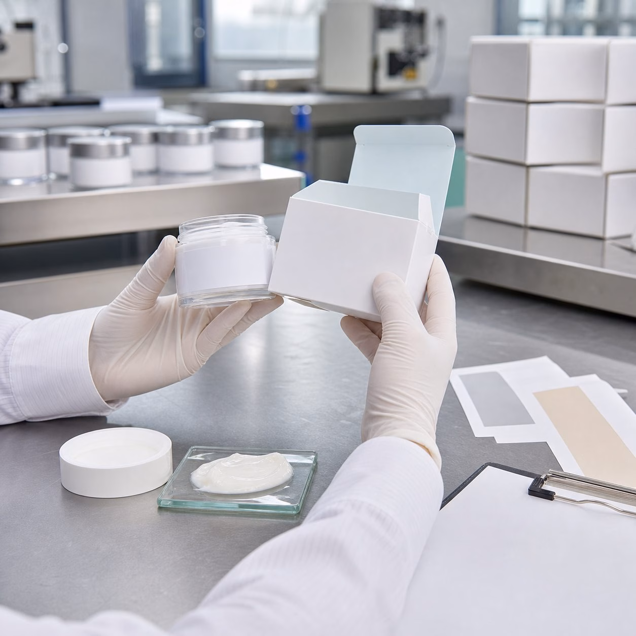 Factory QC sample review for private label hydrating peptide face cream with blank jar carton texture sample and label swatches