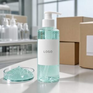 Private label island mist body wash sample with custom logo pump bottle and aqua gel texture on factory sample table