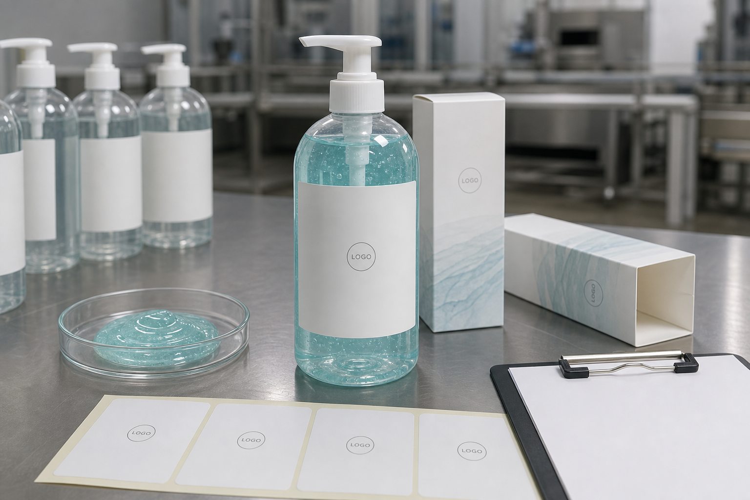 Factory QC sample review for private label island mist body wash bottle label carton and gel texture before production