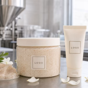 Private label jasmine body polish scrub sample jar and tube on a factory sample table for custom logo label review