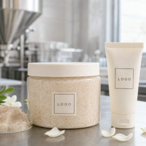 Private label jasmine body polish scrub sample jar and tube on a factory sample table for custom logo label review