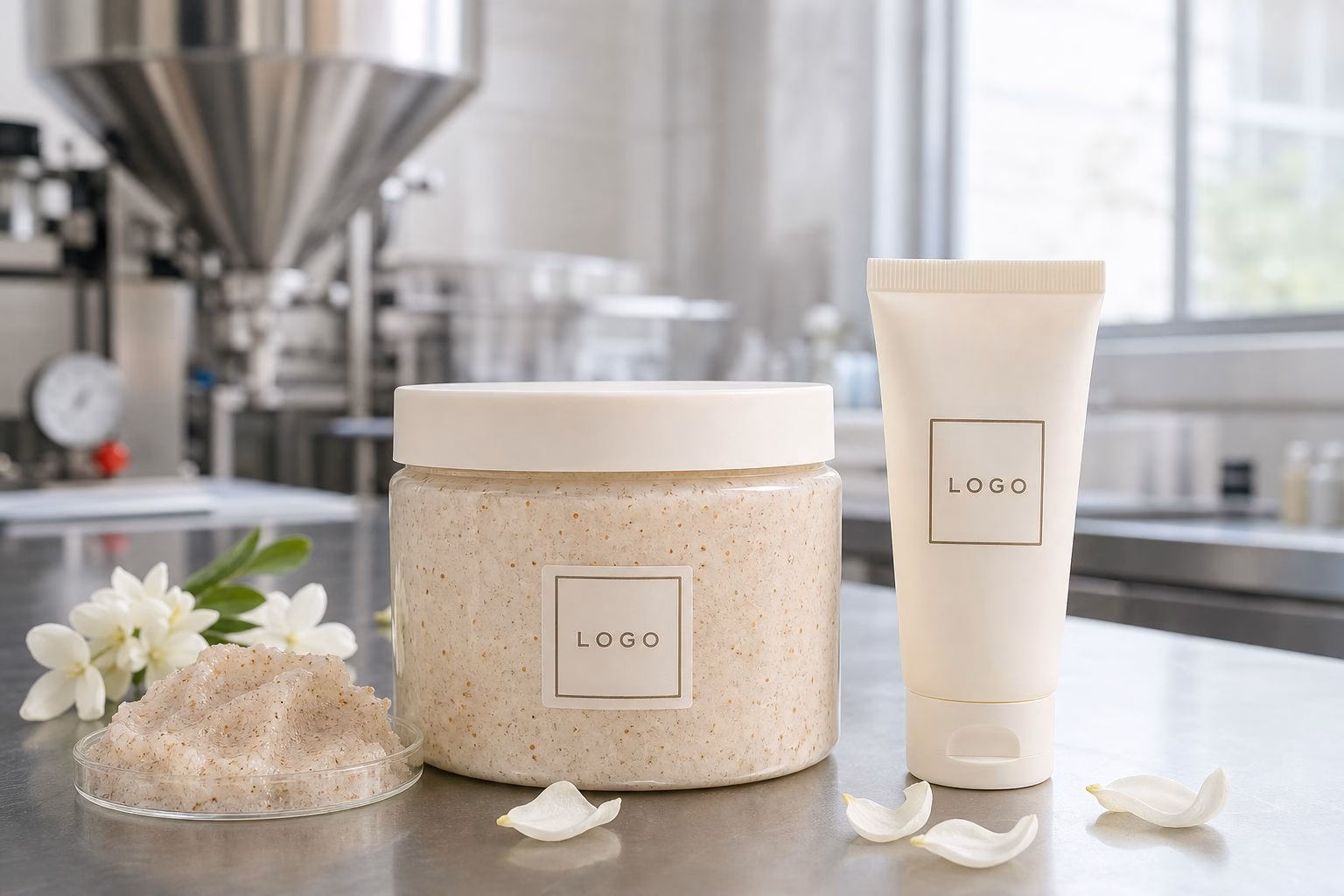 Private label jasmine body polish scrub sample jar and tube on a factory sample table for custom logo label review
