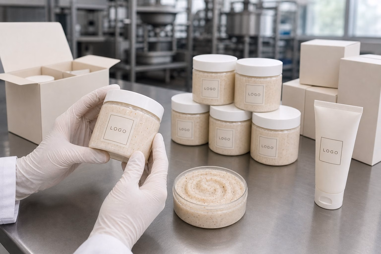 Factory QC label review for private label jasmine body polish scrub jars before packing