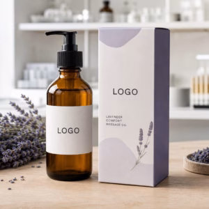 Private label lavender comfort massage oil bottle and carton sample on a GUOCUI factory sample table
