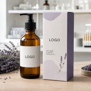 Private label lavender comfort massage oil bottle and carton sample on a GUOCUI factory sample table