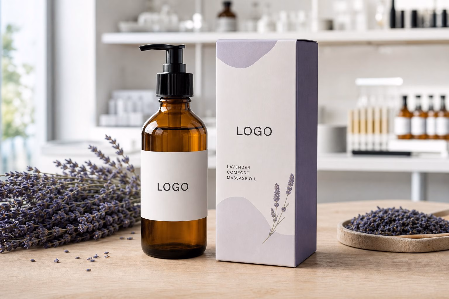 Private label lavender comfort massage oil bottle and carton sample on a GUOCUI factory sample table