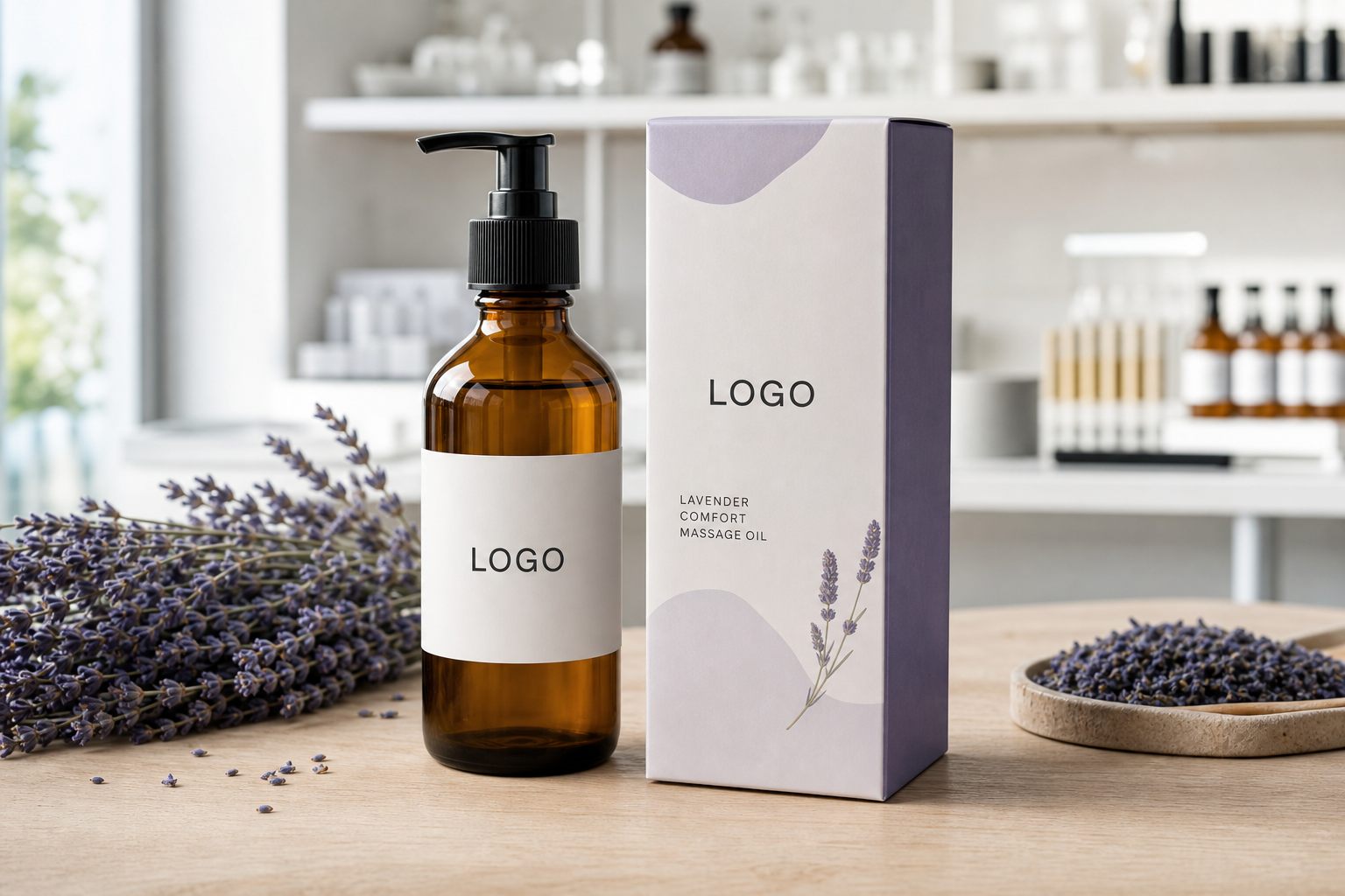 Private label lavender comfort massage oil bottle and carton sample on a GUOCUI factory sample table